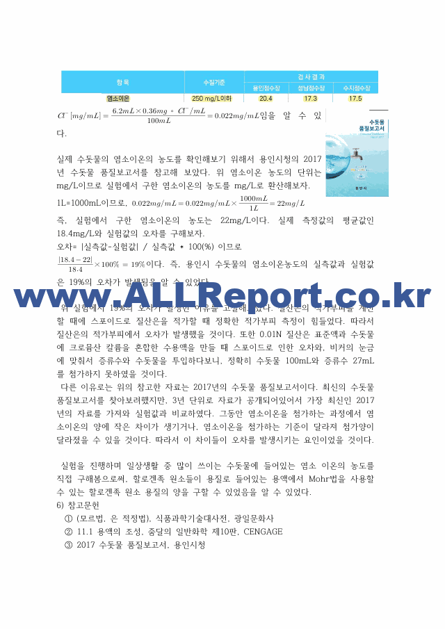 [일반화학실험2] A＋받은 수돗물 중의 염화물 이온 정량 원리＋결과＋고찰 일반화학실험.pdf